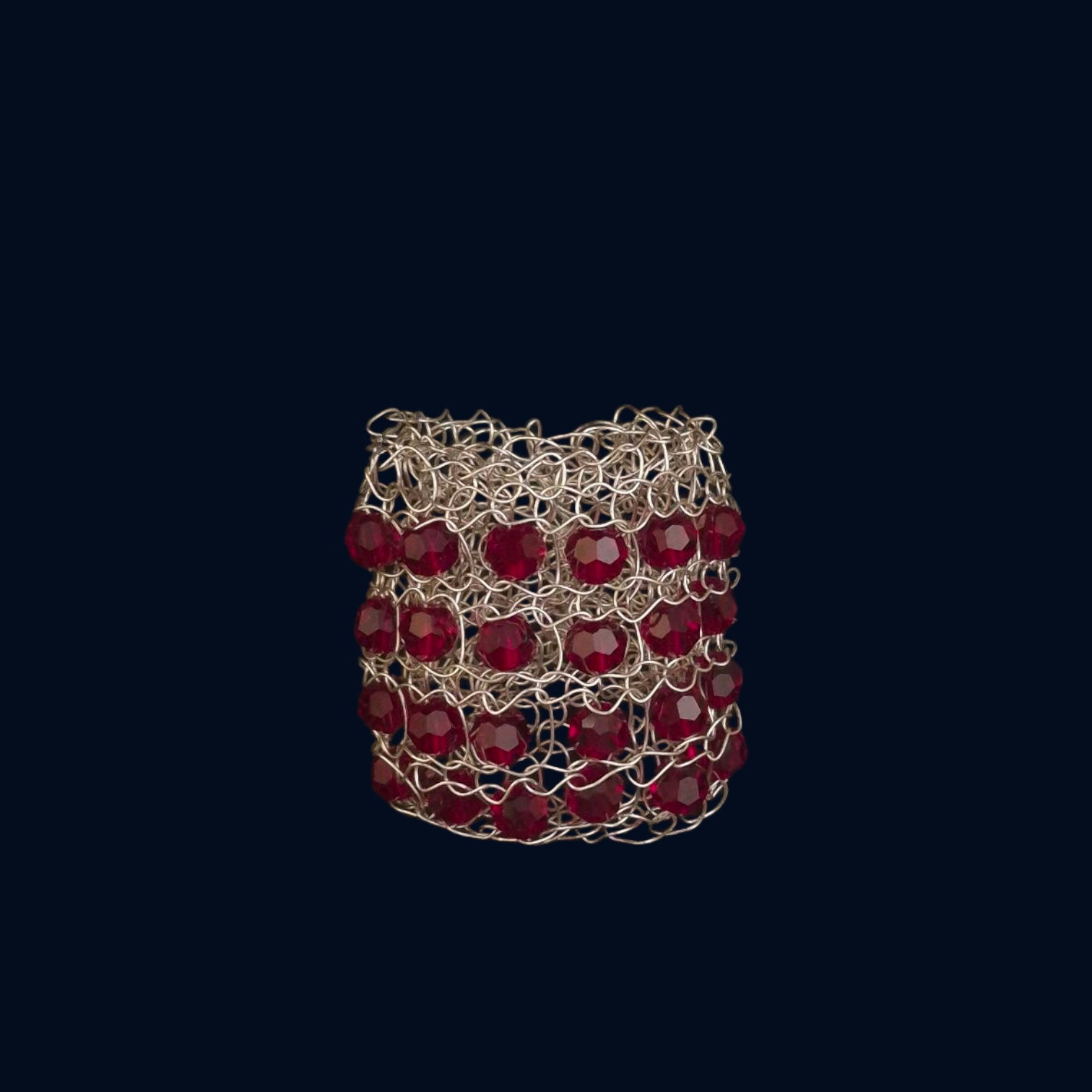 Handwoven Argentium Silver Adjustable Ring – Knight Crochet with Ruby Red Austrian-Cut Crystals